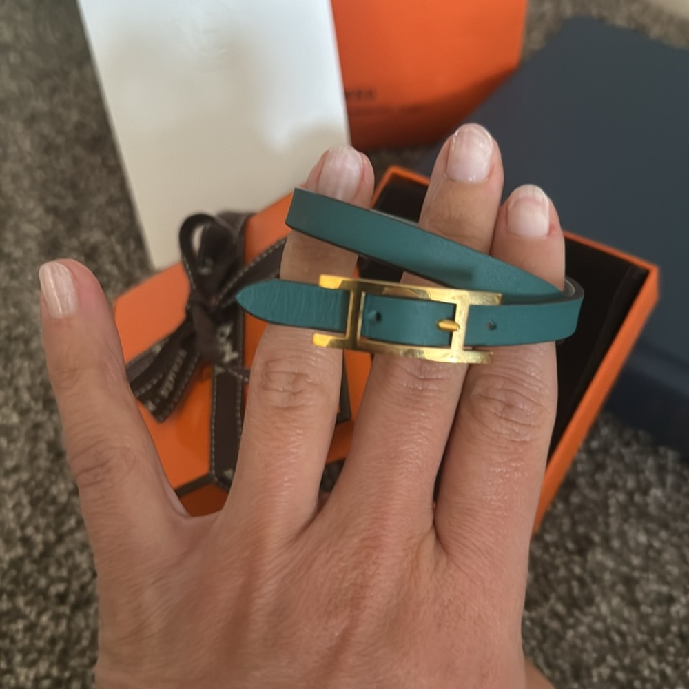 Hermes Light Blue Double Tour Bracelet with Gold H Buckle - Picture 5 of 10